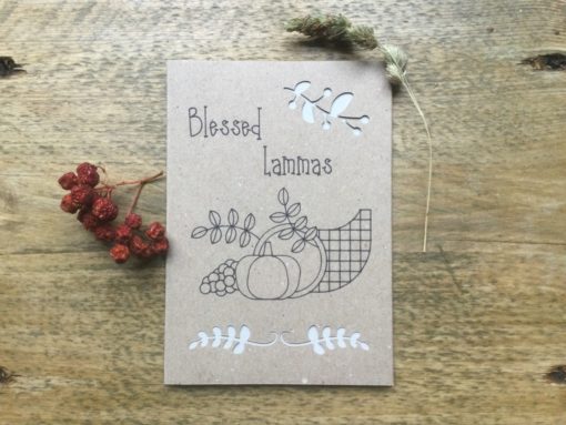 Lammas greeting card with cornucopia drawing.