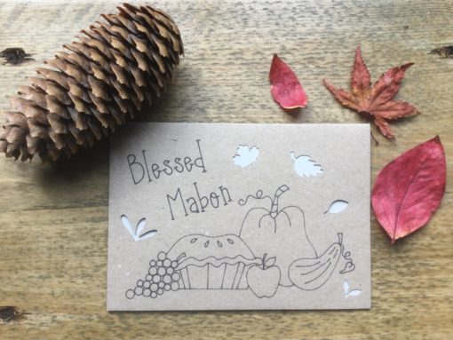 Mabon greeting card with harvest pie drawing.