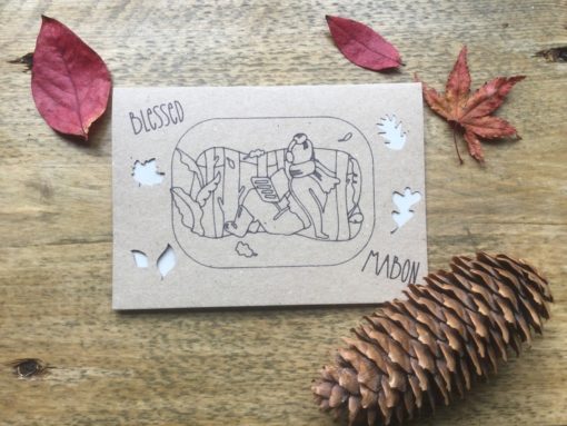 Mabon greeting card with Autumn reading scene.