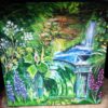 A magical surrealist painting on a square canvas. Bottom part of the painting shows gates to a posion garden, the entrance leads into a magical tunnel, there is foliage and poisonuous plants. Above the gates there is what almost looks like a cave, with a waterfall and a pond.