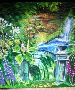 A magical surrealist painting on a square canvas. Bottom part of the painting shows gates to a posion garden, the entrance leads into a magical tunnel, there is foliage and poisonuous plants. Above the gates there is what almost looks like a cave, with a waterfall and a pond.